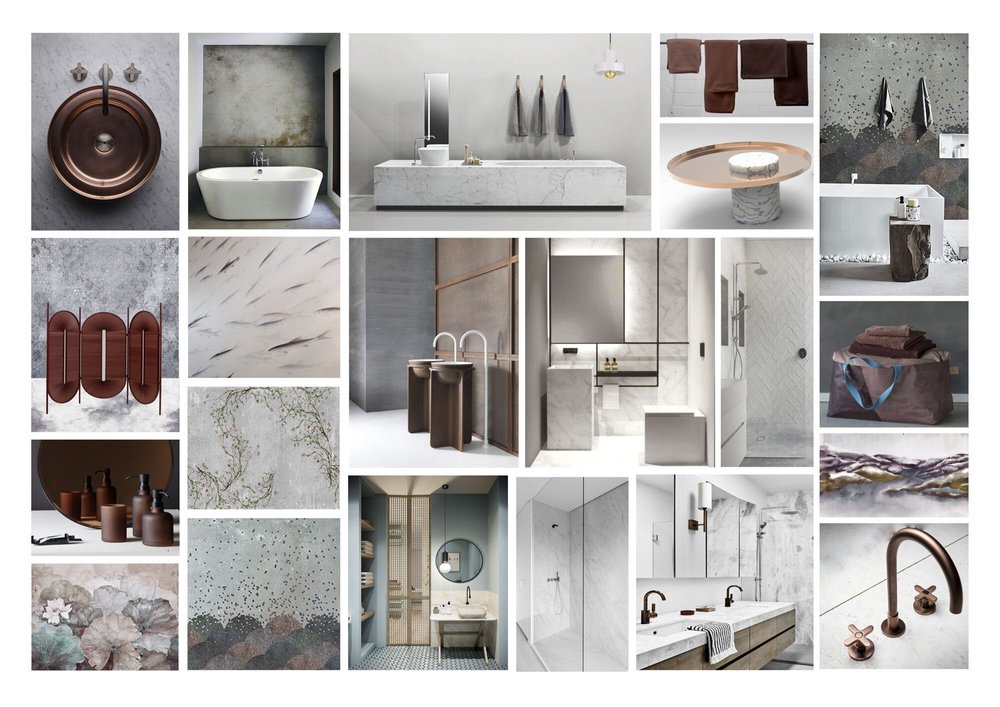 Planche d’ambiance D’intérieur : Elégantissime / Aubergine & Marbre blanc / Salle de bain