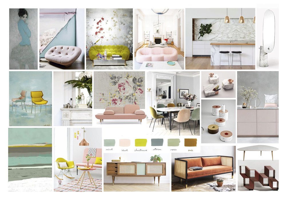 Planche d’ambiance D’intérieur : Lumineux / Rose poudré & Absynthe / Salon