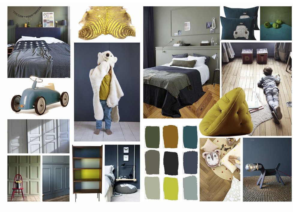 Planche d’ambiance D’intérieur : Enveloppant / Bleu & Kaki / Chambre d'enfant