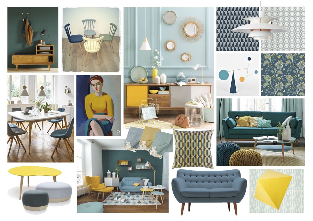 Planche d’ambiance D’intérieur : Scandinave / Bleus & Jaune d'Or / Salon