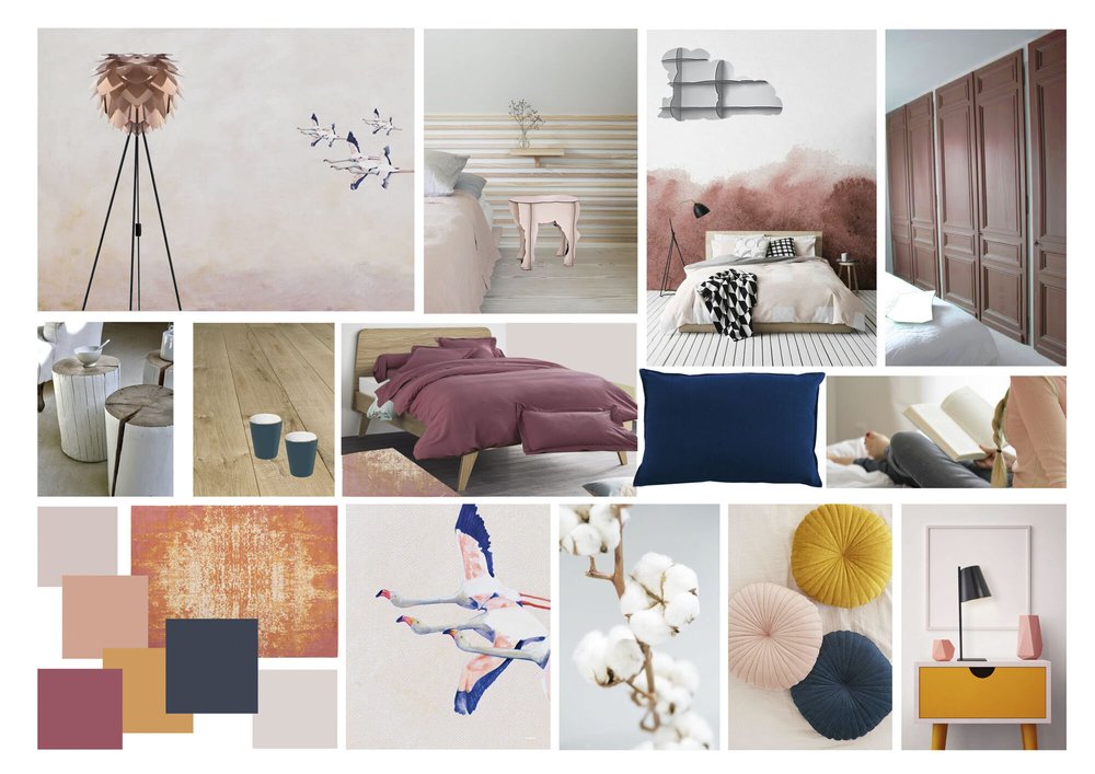 Planche d’ambiance D’intérieur : Cocooning / Notes givrées & Agrumées / Chambre Dame