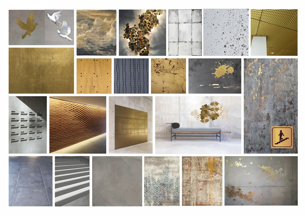 Planche d’ambiance D’intérieur : Céleste / Béton & Or / Hall d'immeuble