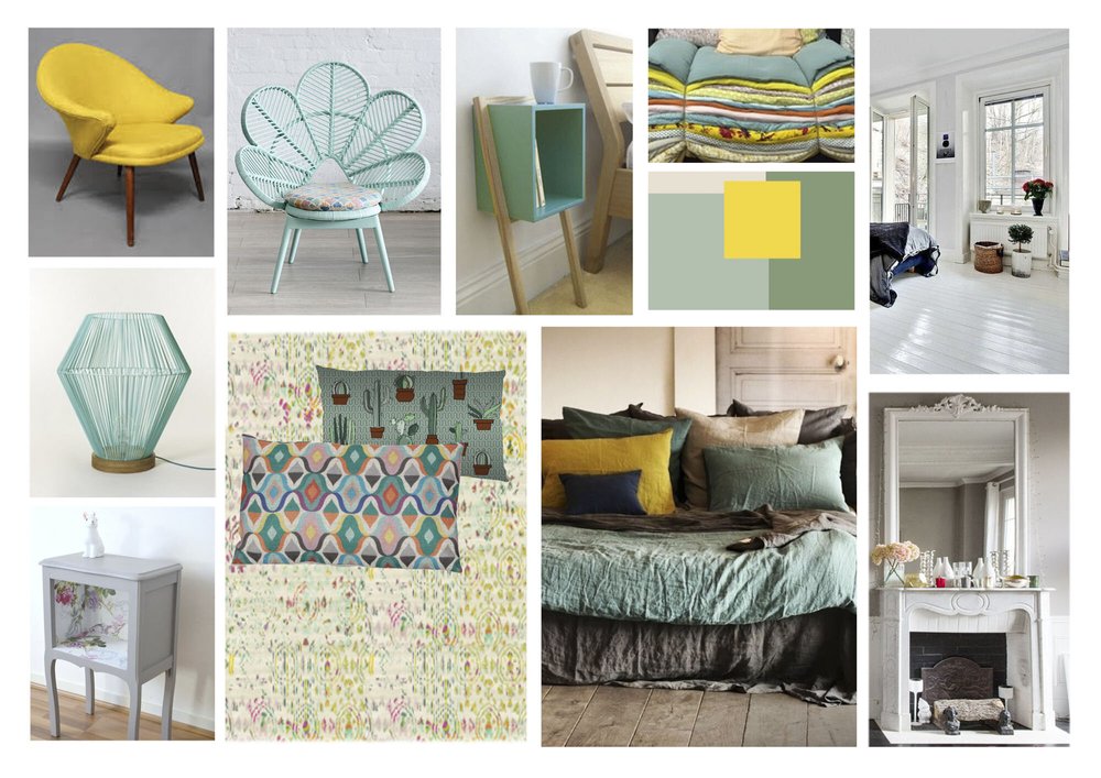 Planche d’ambiance D’intérieur : Tonique / Jaune & Vert d'eau / Chambre adultes