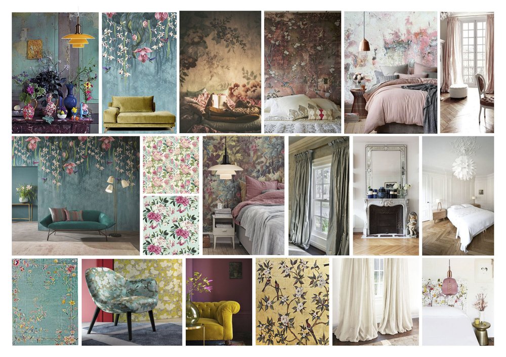 Planche d’ambiance D’intérieur : Barroque / Voiles & Fleurs / Chambre Dame