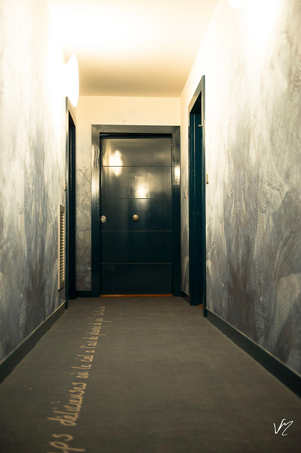 Entrée aux portes sombres et au décor mural du programme Les Ciels du XVème à Paris