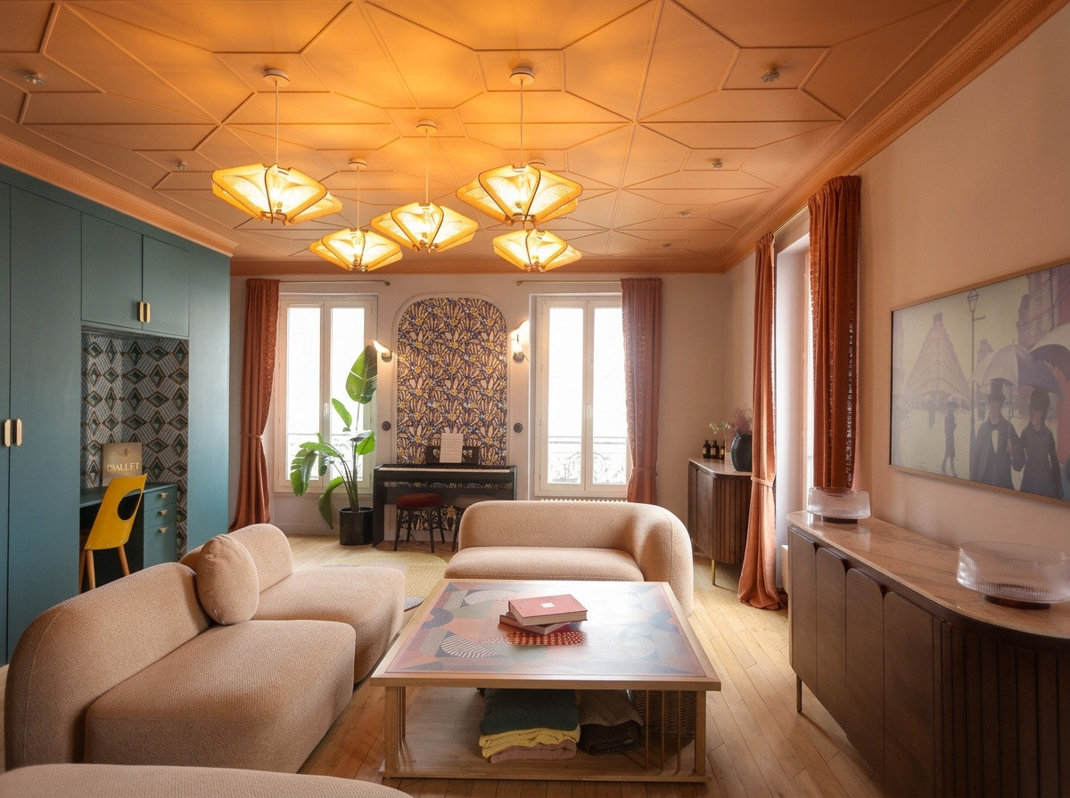 Plafond géométrique et luminaires au-dessus des assises enveloppantes
