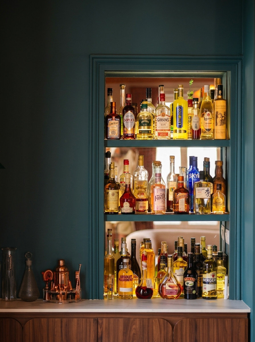 Niche intégrée aux boiseries du salon et étagères éclairées