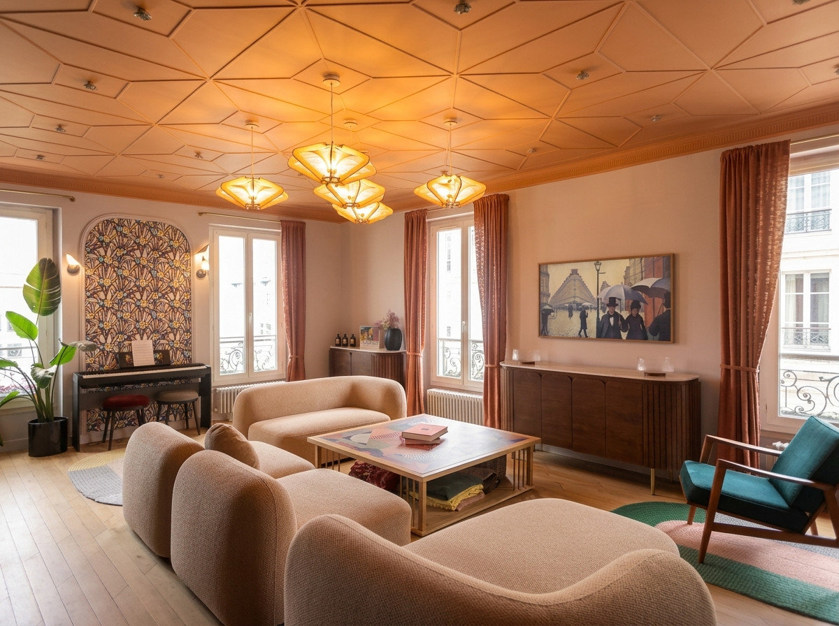 Assises claires, buffet en bois et rideaux terracotta