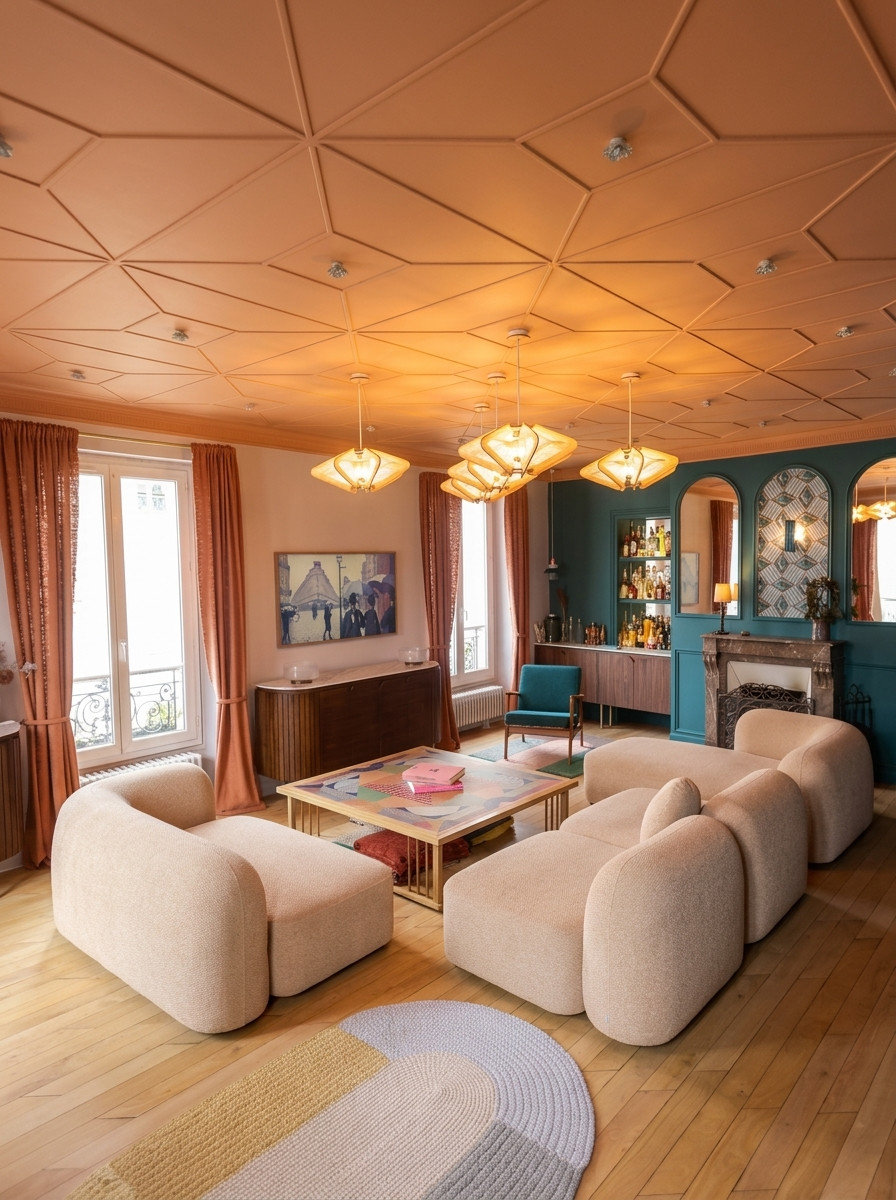 Vue verticale du salon, du plafond terracotta au parquet