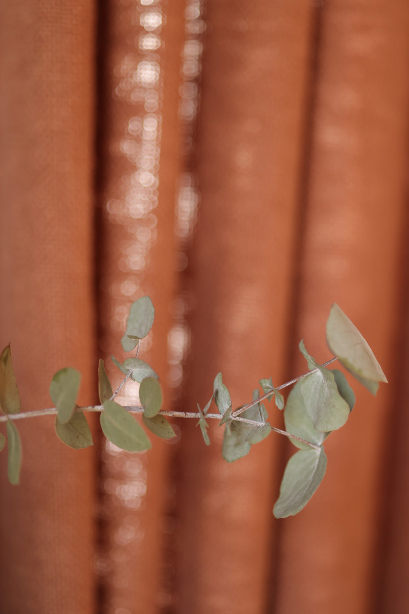 Détail du tissu des rideaux terracotta