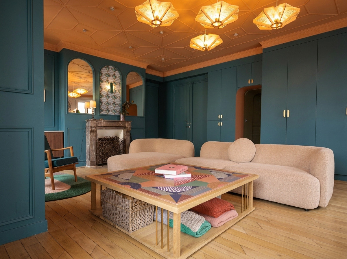 Assises enveloppantes et table basse devant le mur bleu canard