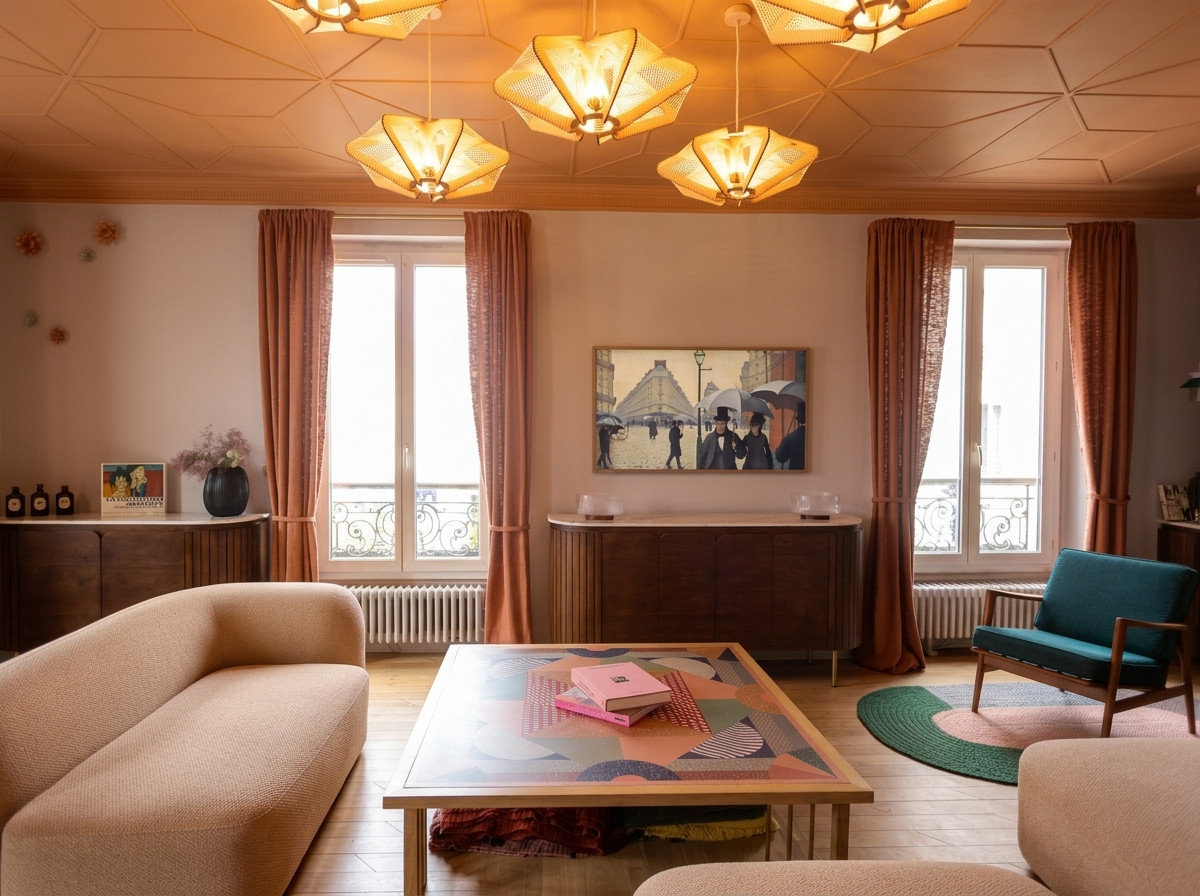 Vue du buffet, des fenêtres et des suspensions du salon