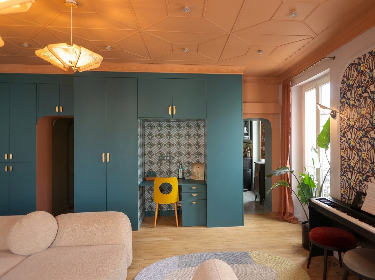 Composition des boiseries et rangements intégrés du salon