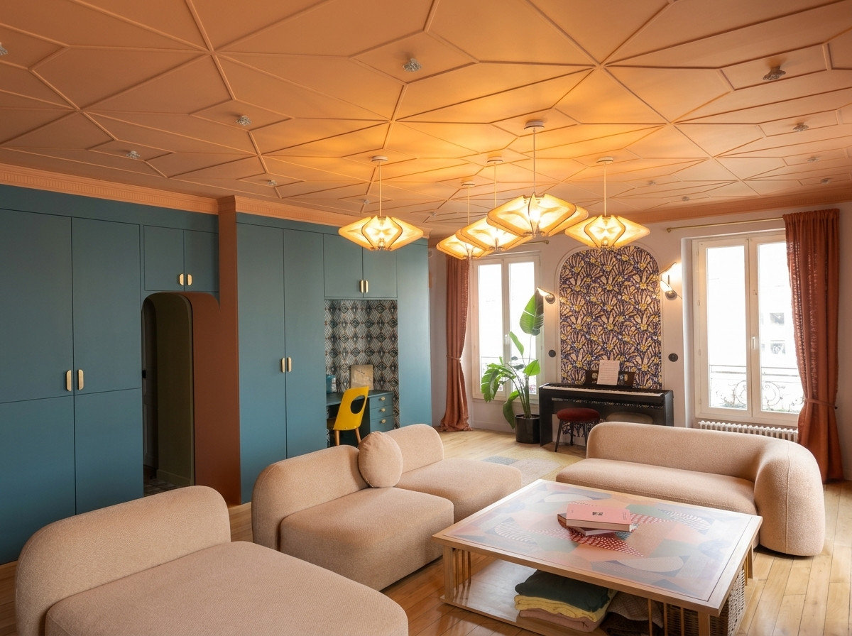 Vue du salon, du mur bleu canard et des suspensions