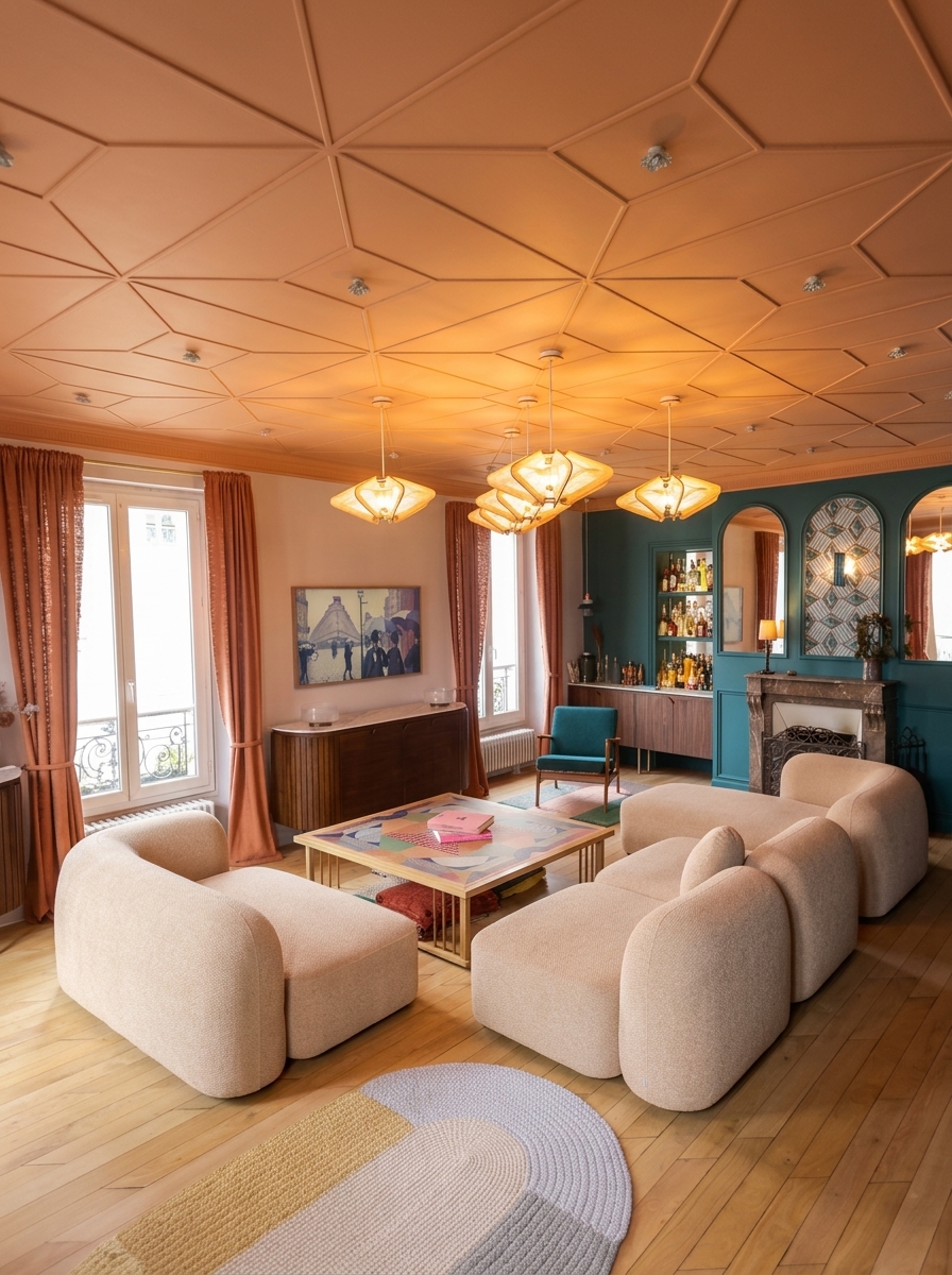 Salon années 20 à Vincennes : plafond terracotta, boiseries bleues et fauteuils clairs