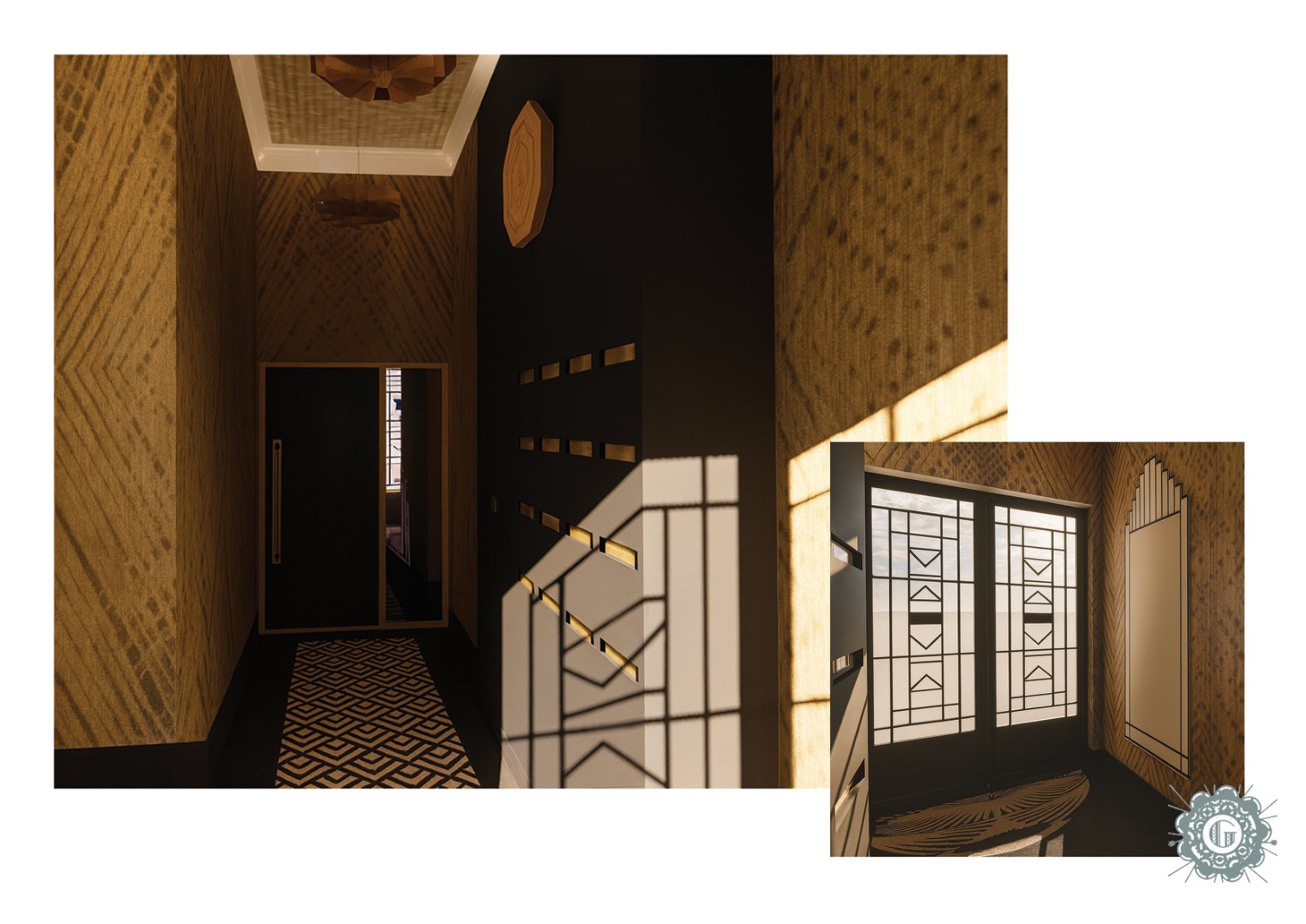 Projection du hall d’entrée de Villa Marius à Puteaux : boîtes aux lettres et lumière Art déco